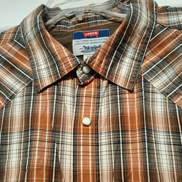 2XL👔Levi's Western Brown&Orange&Tan Plaid Button Down Shirt - Picture 5 of 10